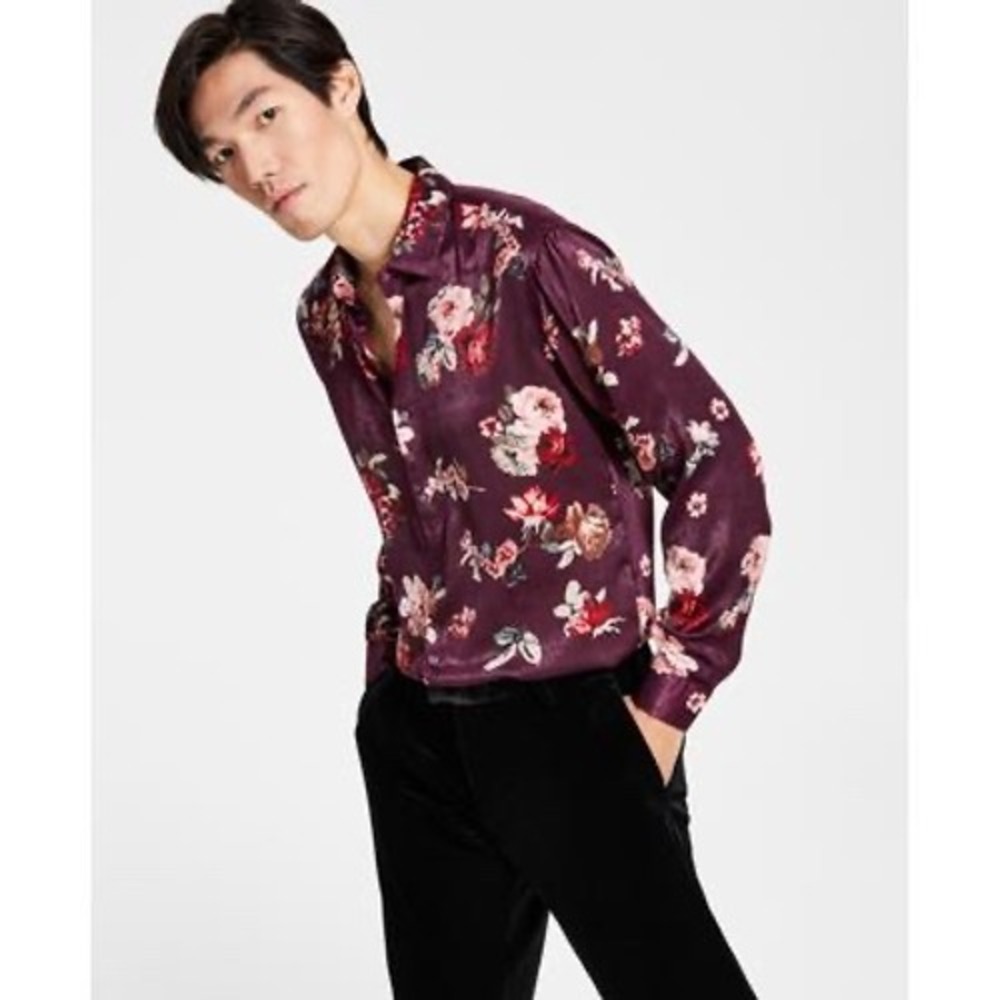 INC Men's Floral Print Long-Sleeve Button-up‎ Shirt - Port Combo - Size XS